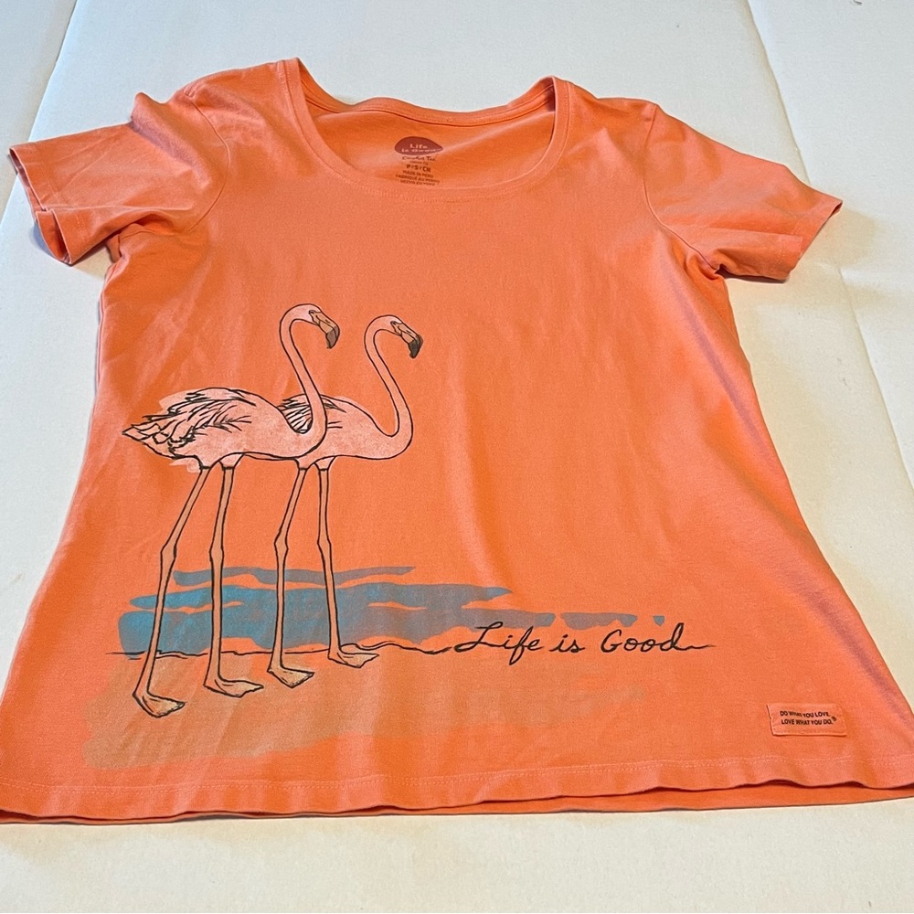 Life is Good Womens Size Small Peach Orange Crusher Tee Shirt Flamingo Coastal